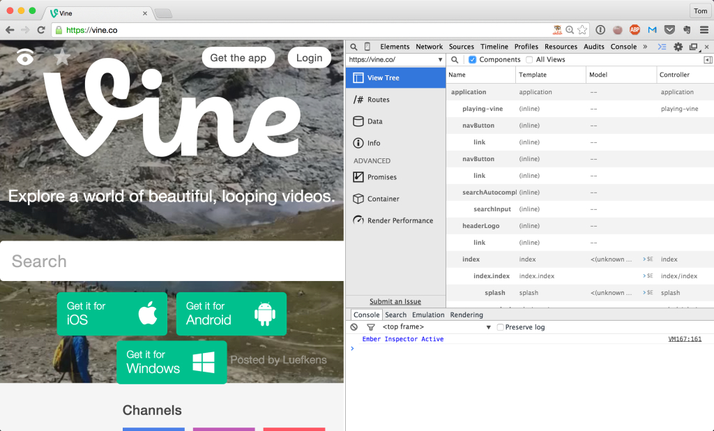 Screenshot of Vine with the Ember Inspector open