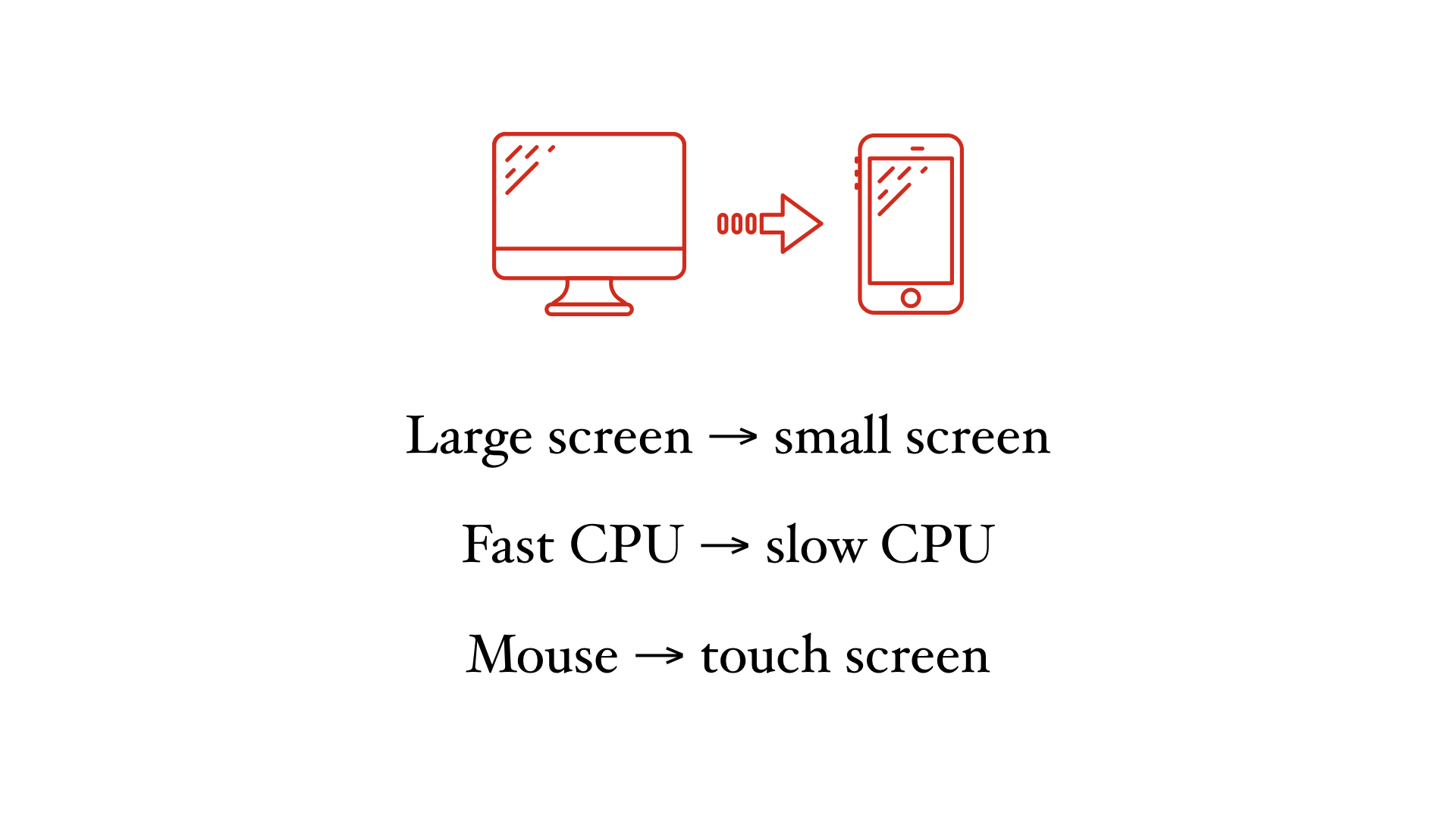 Illustration of desktop computer and mobile phone. Text belows says "Large screen → small screen", "Fast CPU → slow CPU", and "Mouse → touch screen".